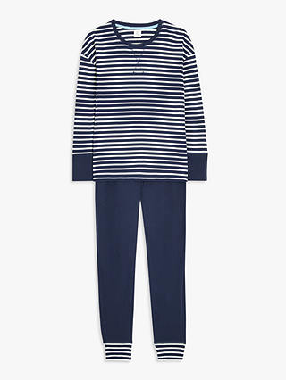 John Lewis Edie Stripe Long Sleeve Pyjama Set, Navy/White