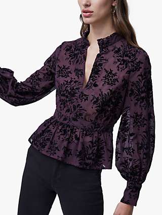 French Connection High Neck Floral Blouse, Rich Fig