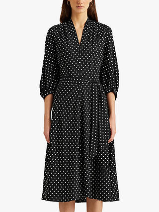 Lauren Ralph Lauren Bijourna Polka Dot Midi Dress, Black/Multi