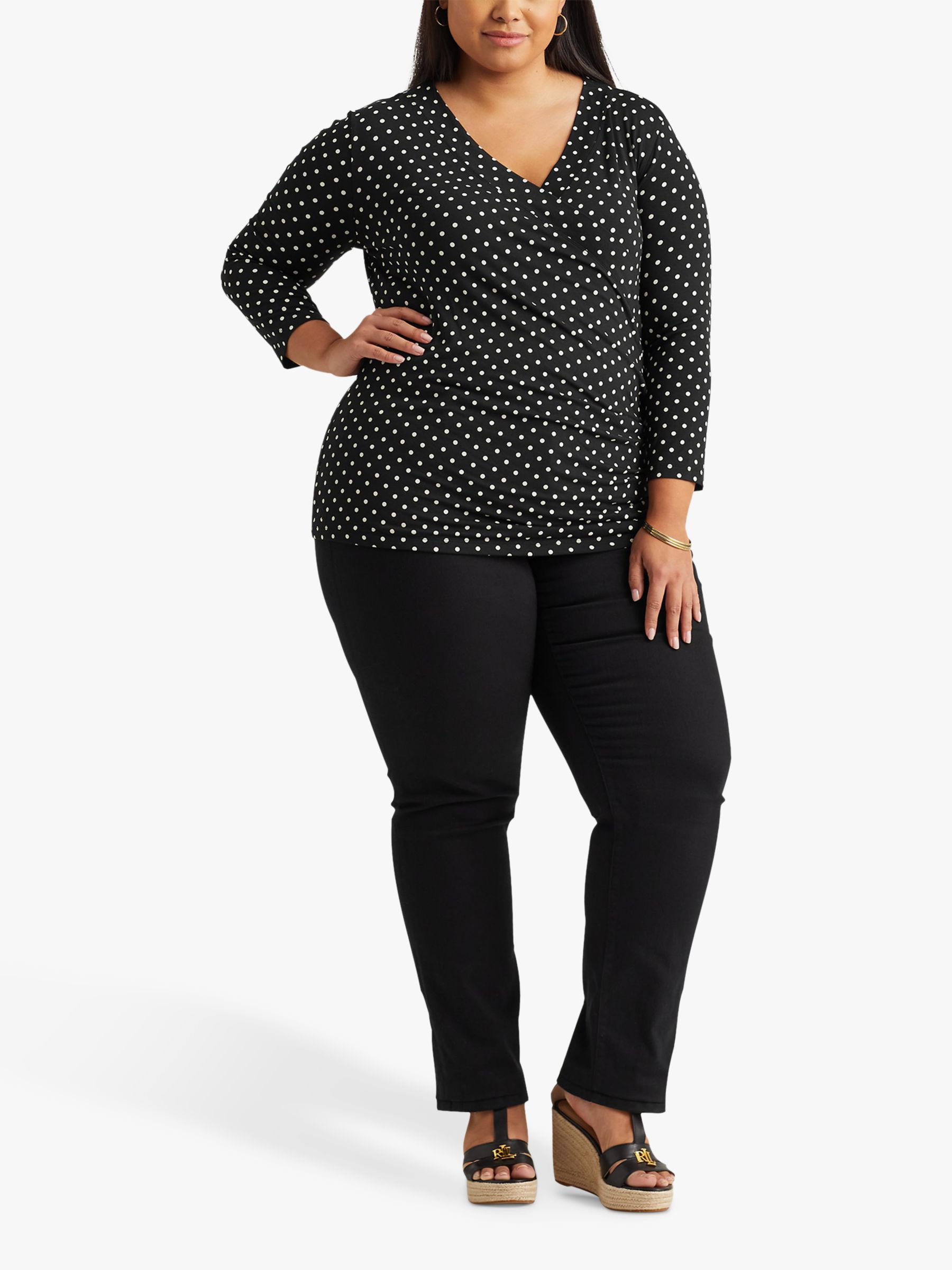 Lauren Ralph Lauren Curve Alayja Polka Dot Wrap Top, Black/Multi