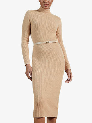 Ted Baker Conniey Funnel Neck Chunky Knitted Midi Dress, Camel