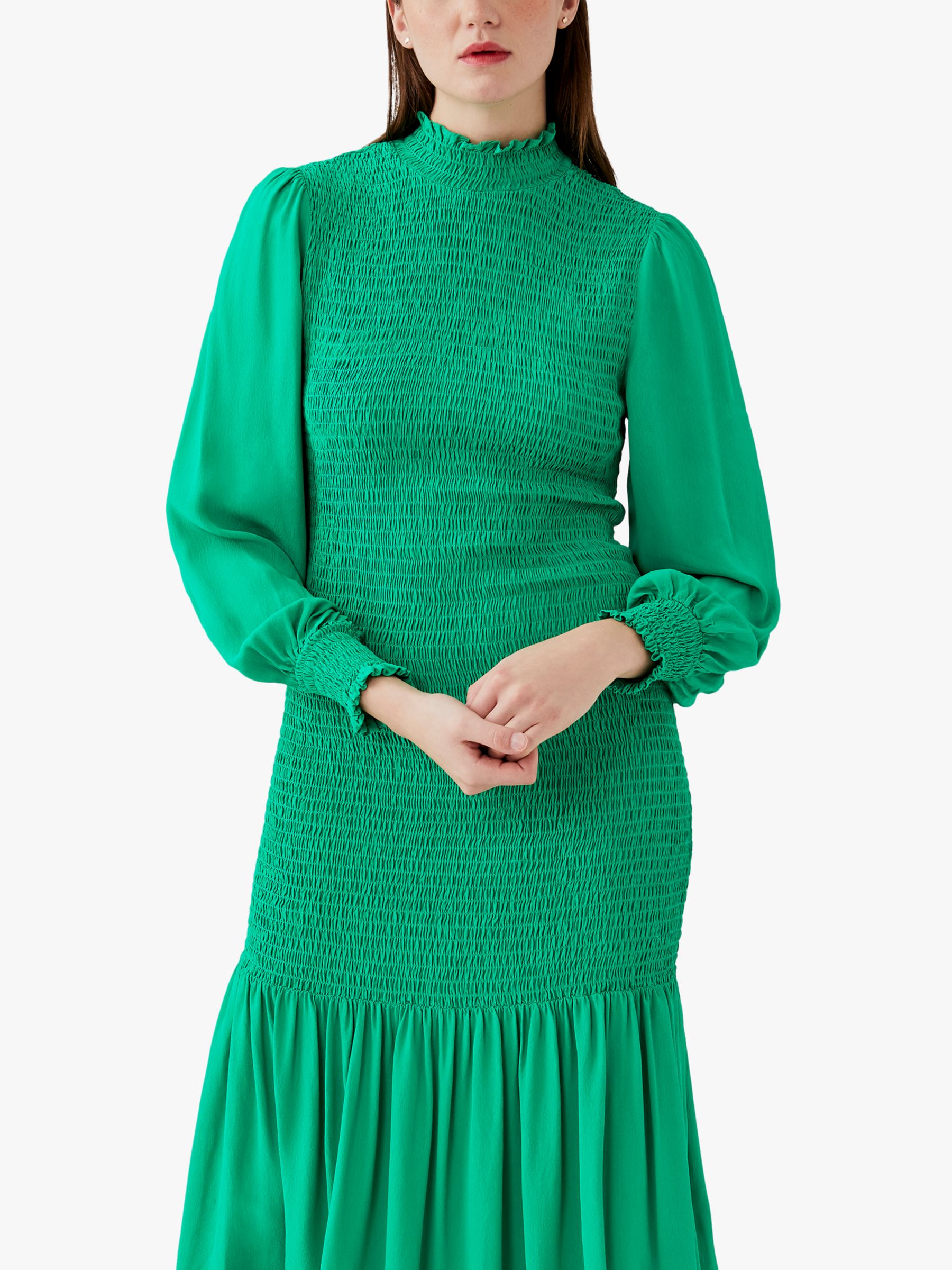 Ghost Dinah Shirred Midi Dress, Emerald Green