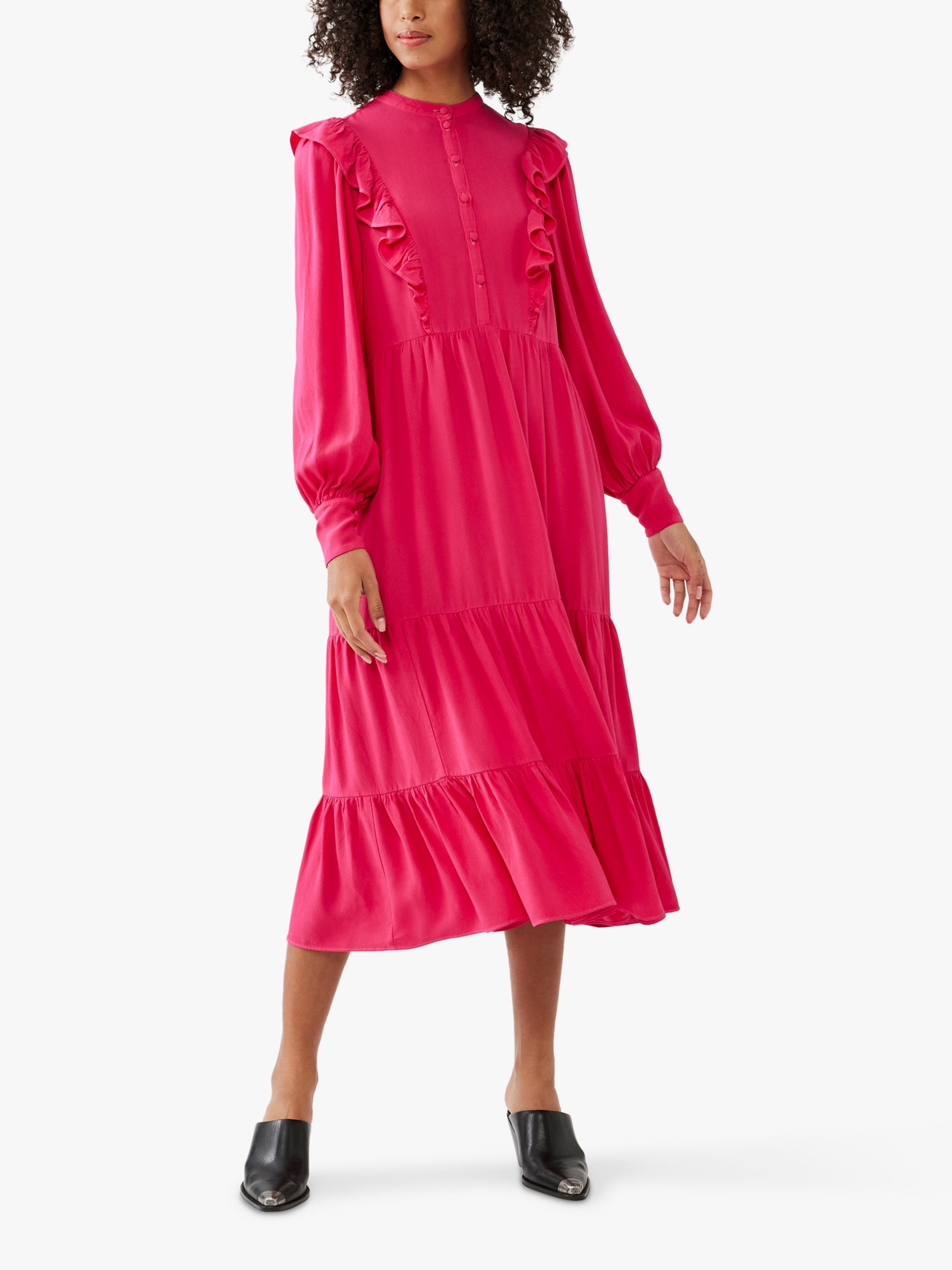 Ghost Esma Frill Midi Dress, Pink at John Lewis & Partners