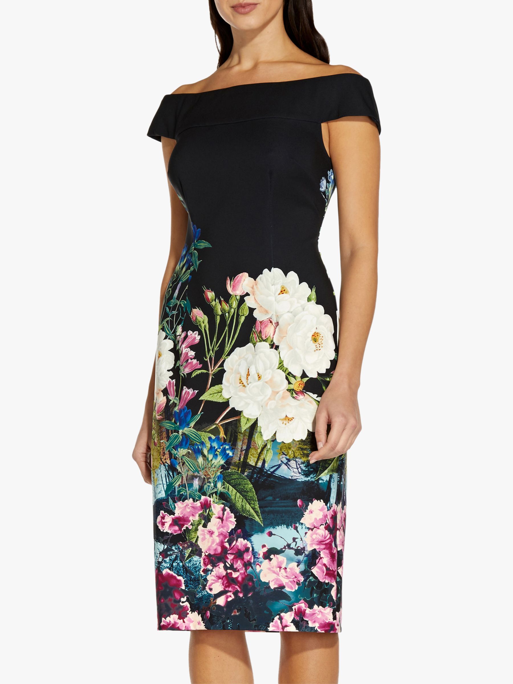 Adrianna Papell Bardot Floral Knee Length Dress Blackmulti 3170