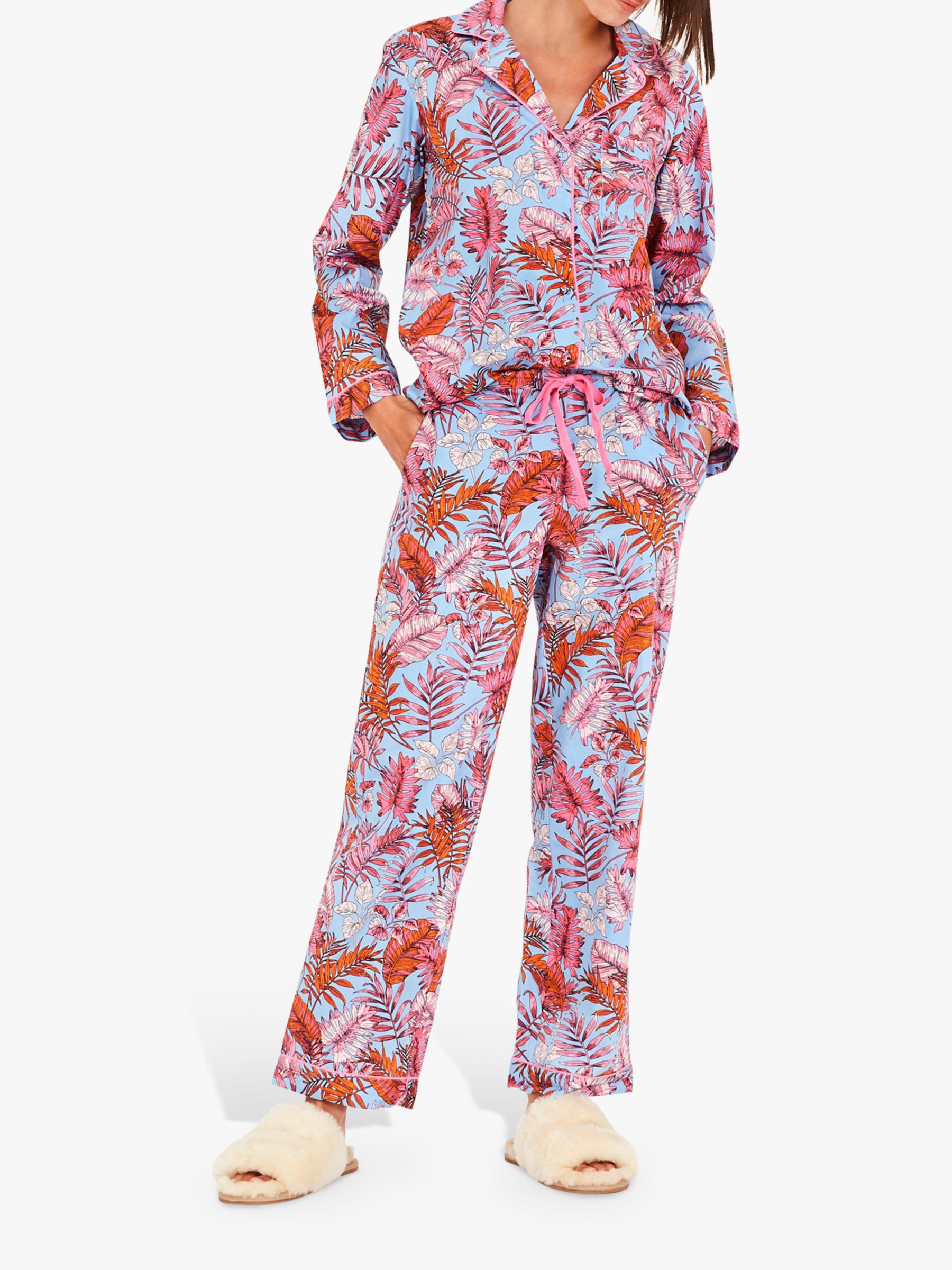 hush Isla Printed Cotton Pyjama Set, Tropical Pink/Blue