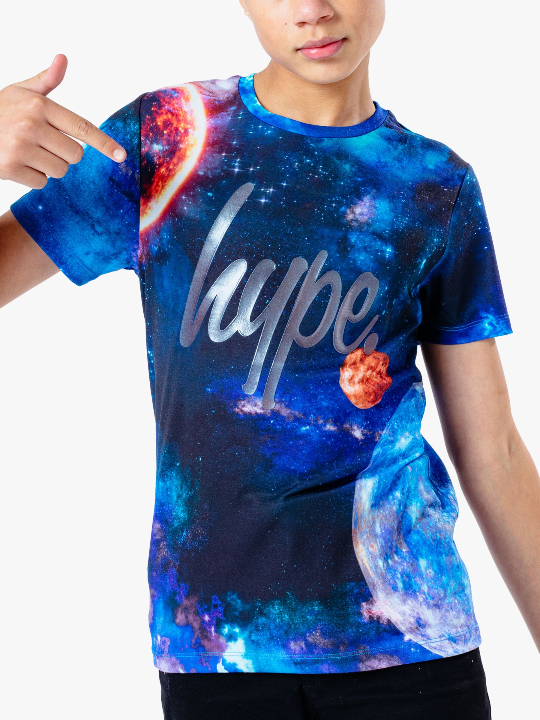 Hype Kids' Space Print Crew Neck T-Shirt, Blue/Multi