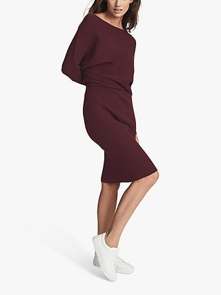 Reiss Lara Ribbed Off The Shoulder Dress, Berry