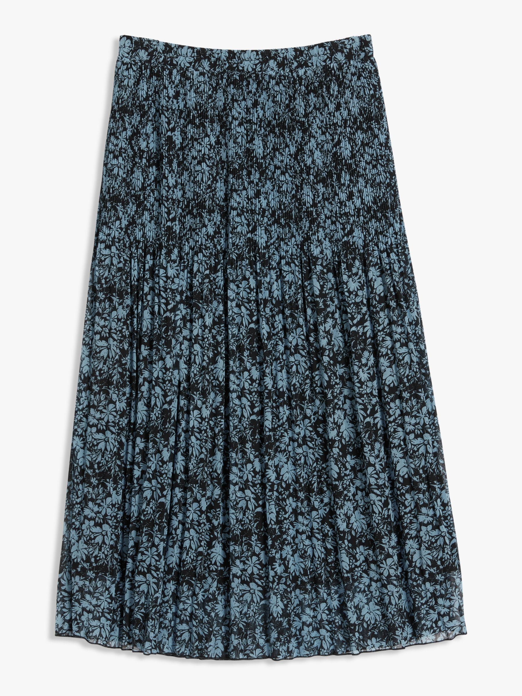 John Lewis & Partners Floral Pleated Midi Skirt, Blue/Black