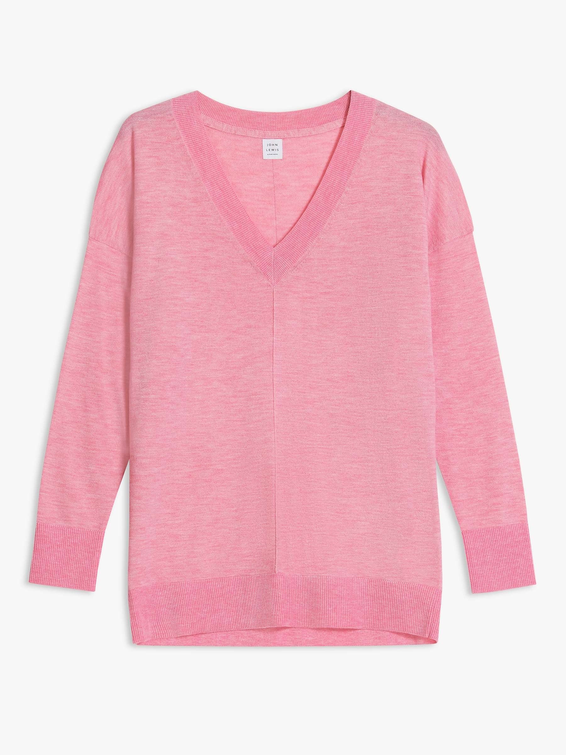 John Lewis & Partners Drop Sleeve V-Neck Sweater, Pink at John Lewis ...