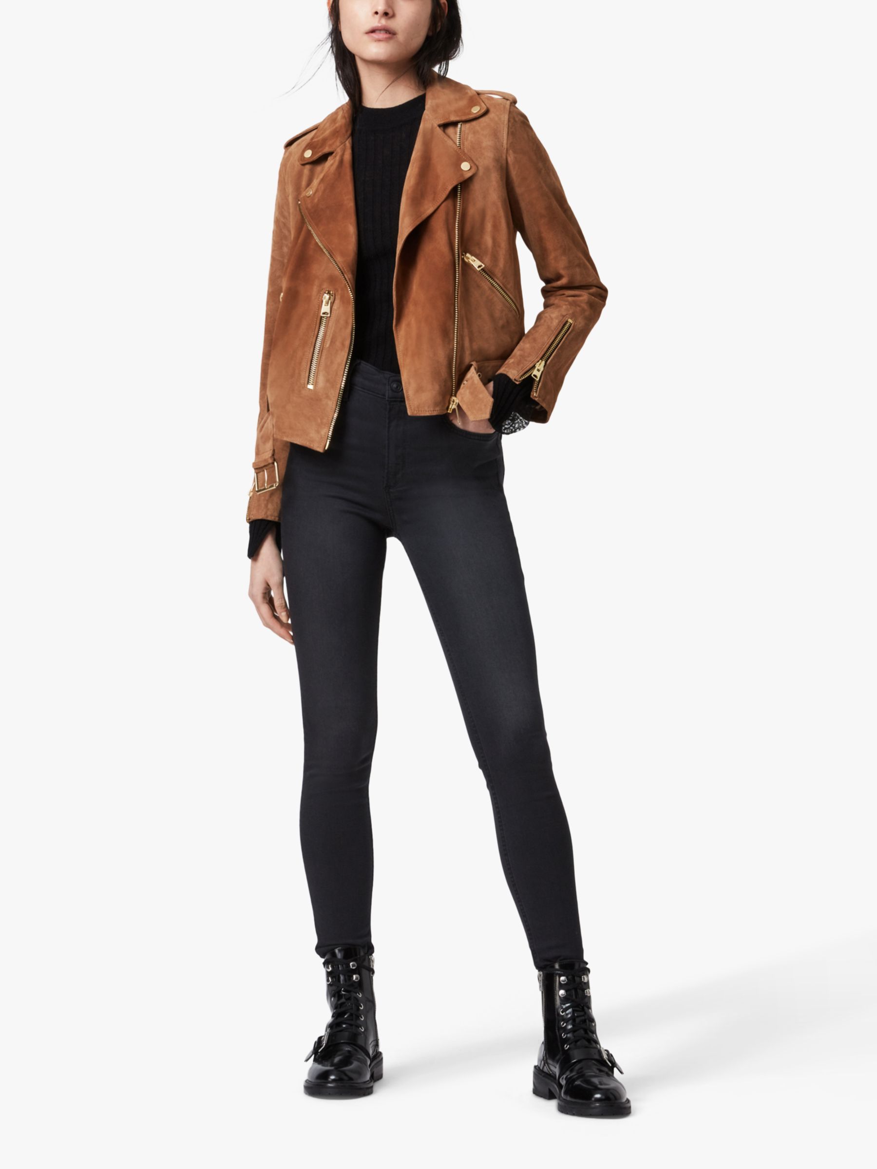 AllSaints Suede Biker Jacket, Tan Brown