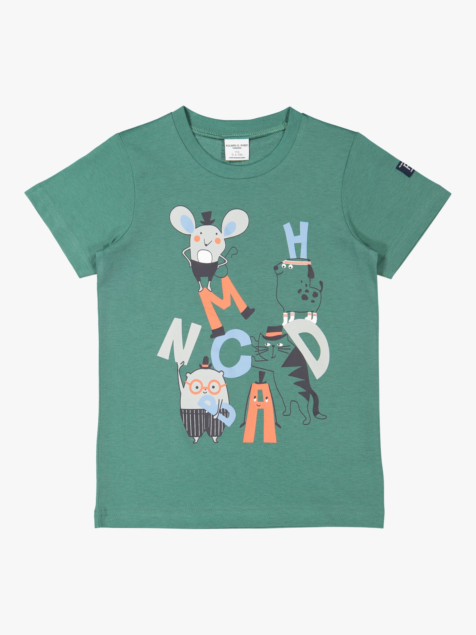 Polarn O. Pyret Children's GOTS Organic Cotton Animal Letter T-Shirt, Green