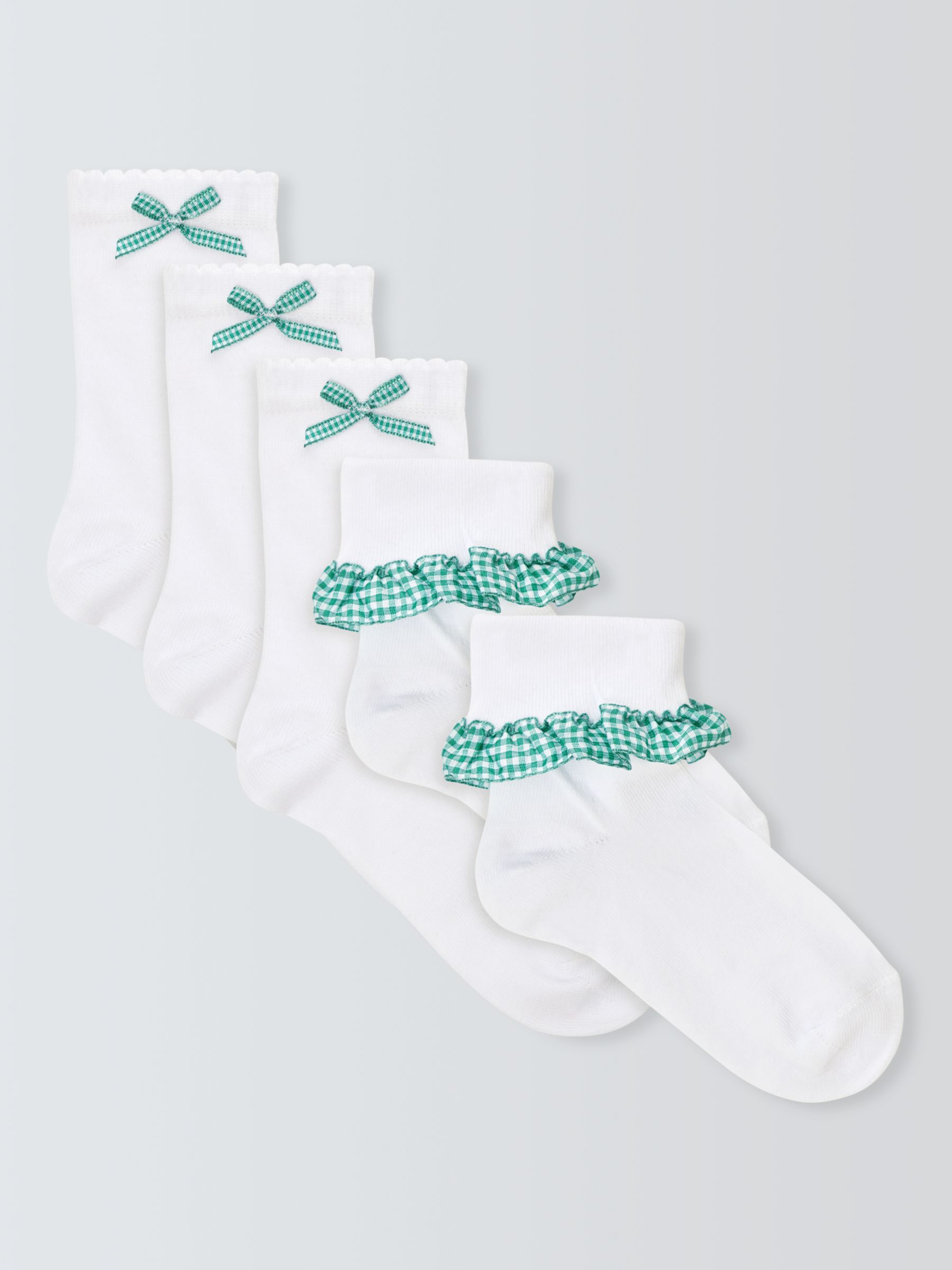 John Lewis Children's Gingham Trim Socks, Pack of 5, White/Green, 6-8.5 Jnr