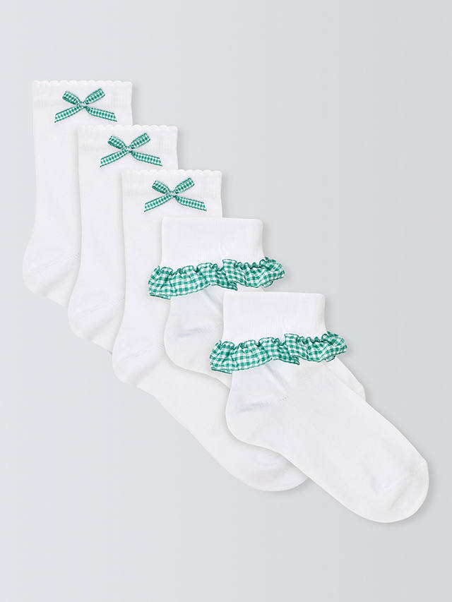 John Lewis Children's Gingham Trim Socks, Pack of 5, White/Green