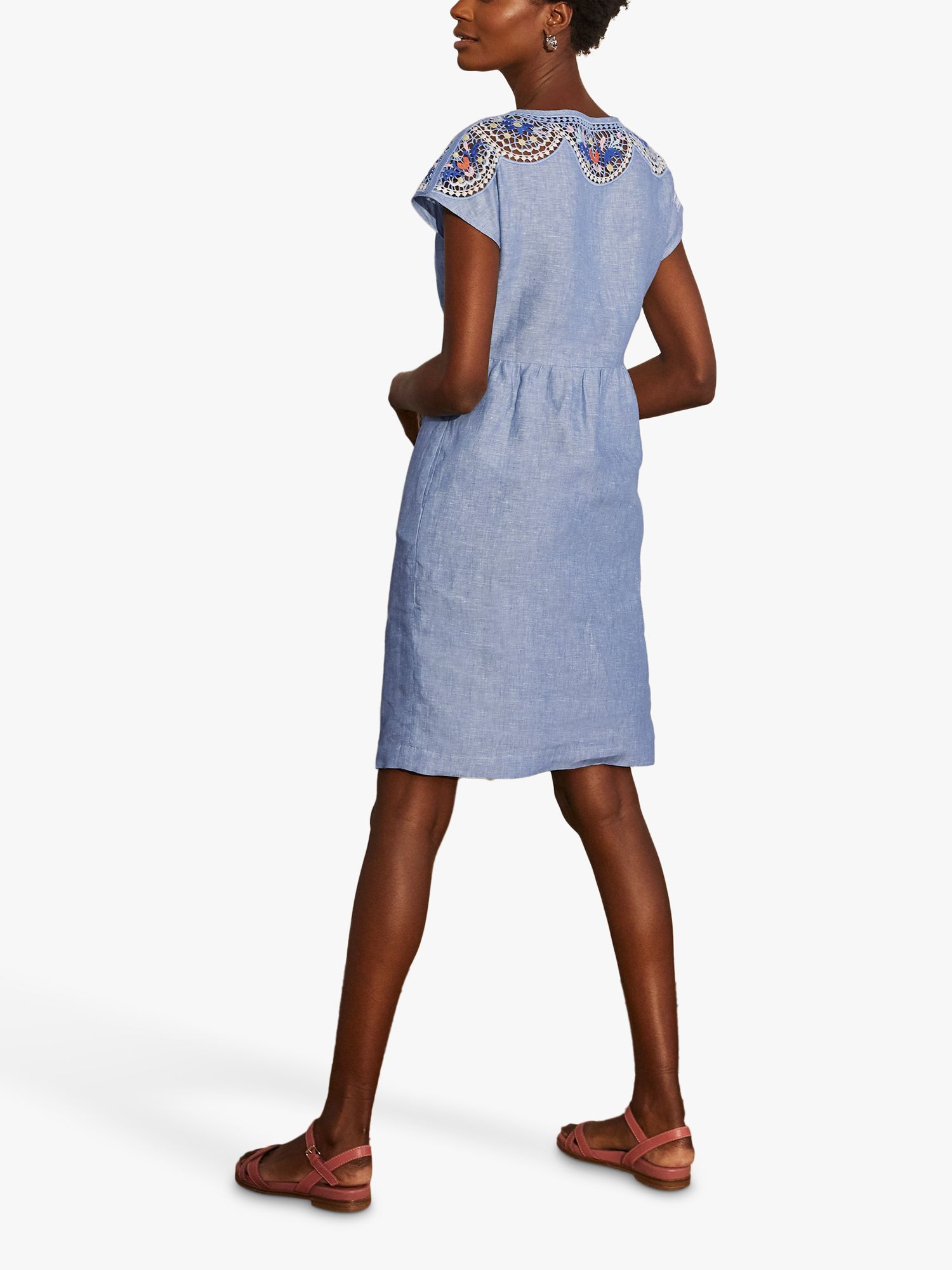 Boden Fleur Linen Embroidered Dress, Chambray/Multi at John Lewis