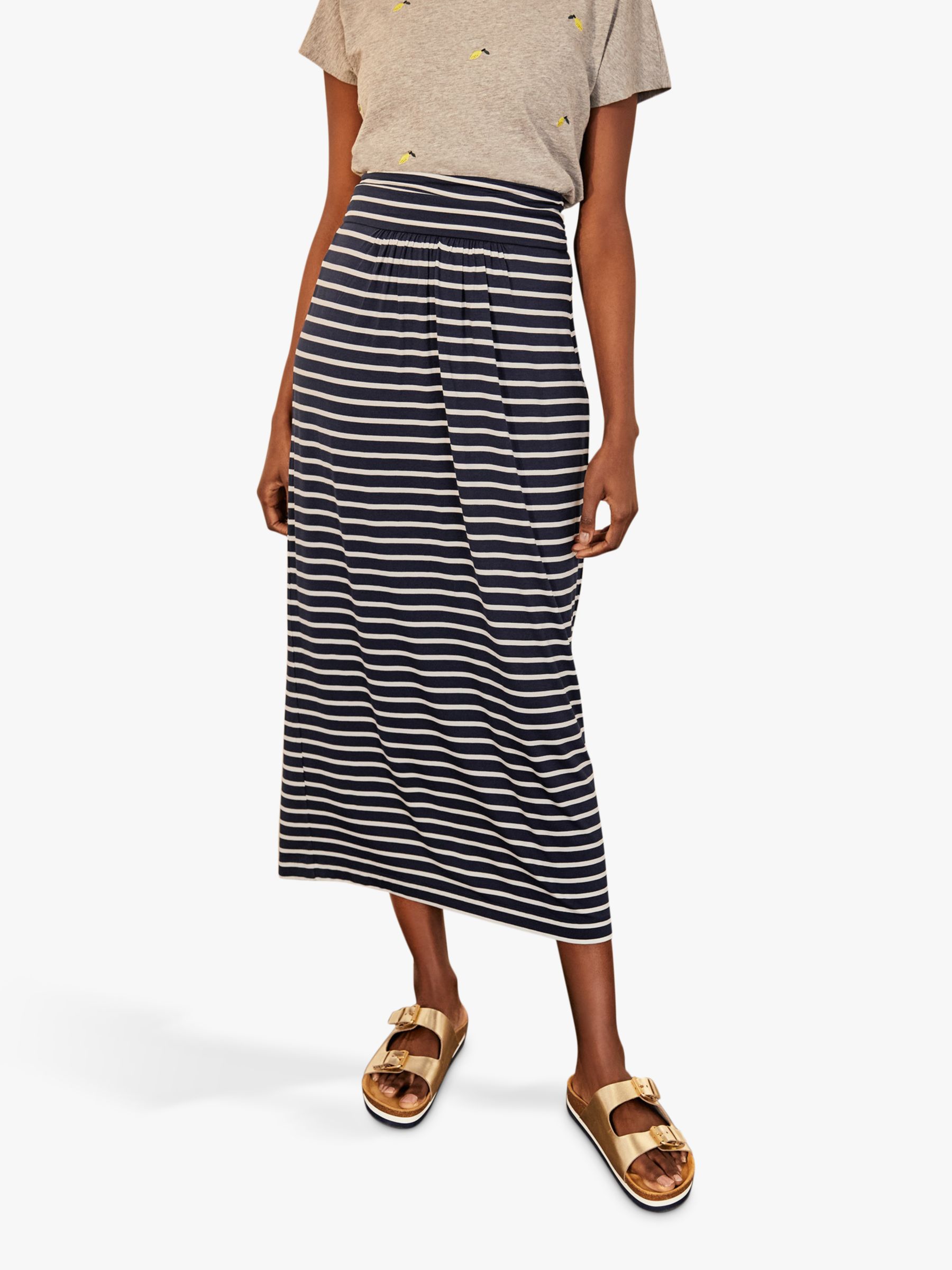 Boden Stripe Ruched Skirt, Navy/Ivory at John Lewis & Partners