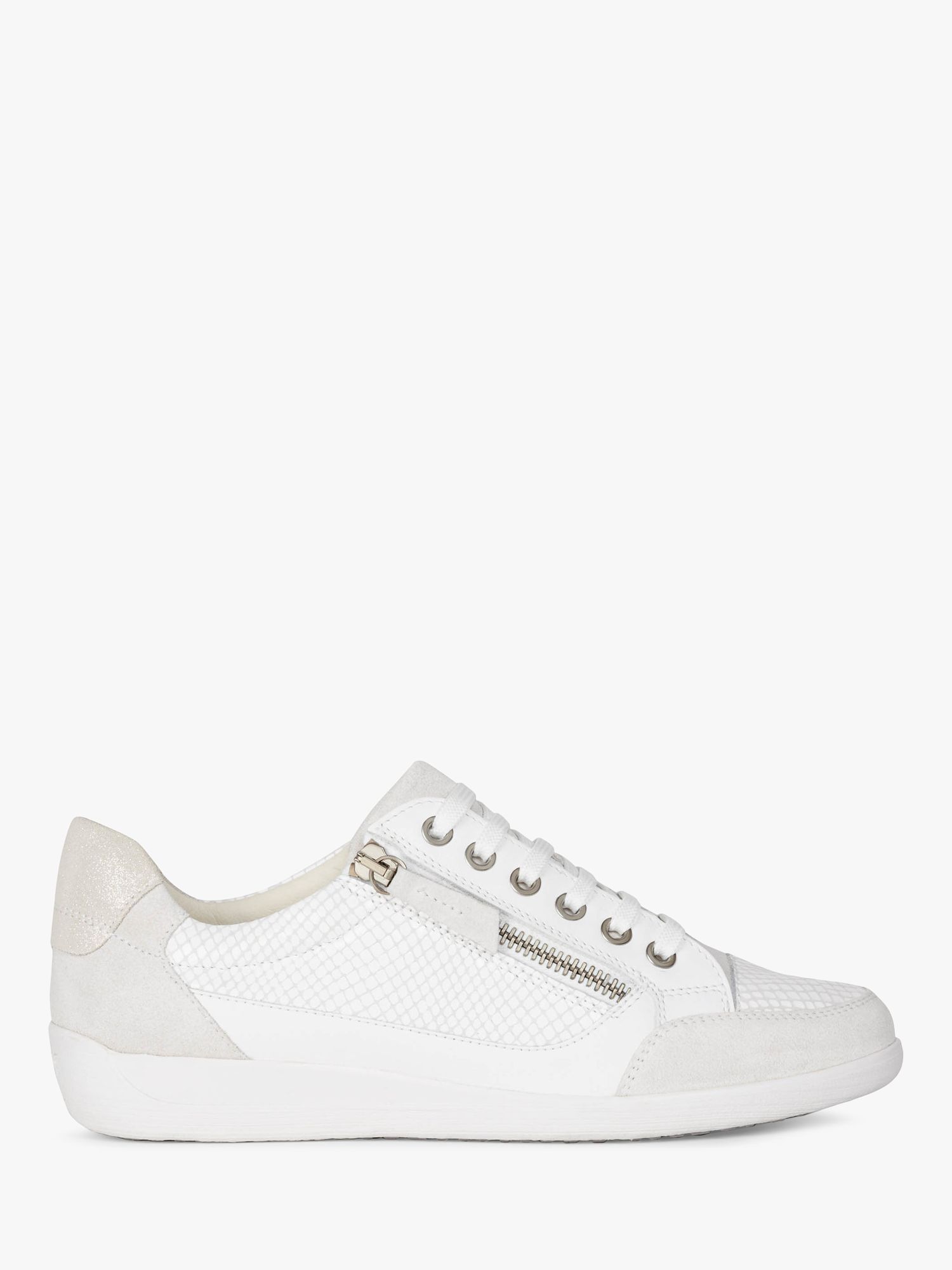 Geox Myria Suede and Leather Wide Fit Low Top Trainers, Off White/White