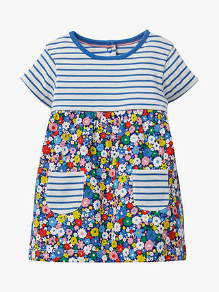 Mini Boden Baby Jersey Hotchpotch Flower Patch Dress, Blue/Multi