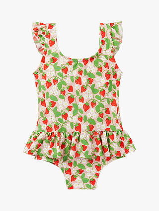 Mini Boden Baby Disty Strawberry Frill Waist Swimsuit, Multi
