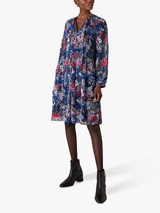 Monsoon Pleated Floral Print Knee Length Dress, Navy