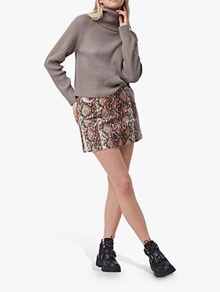 French Connection Bonnie PU Snakeskin Skirt, Brown