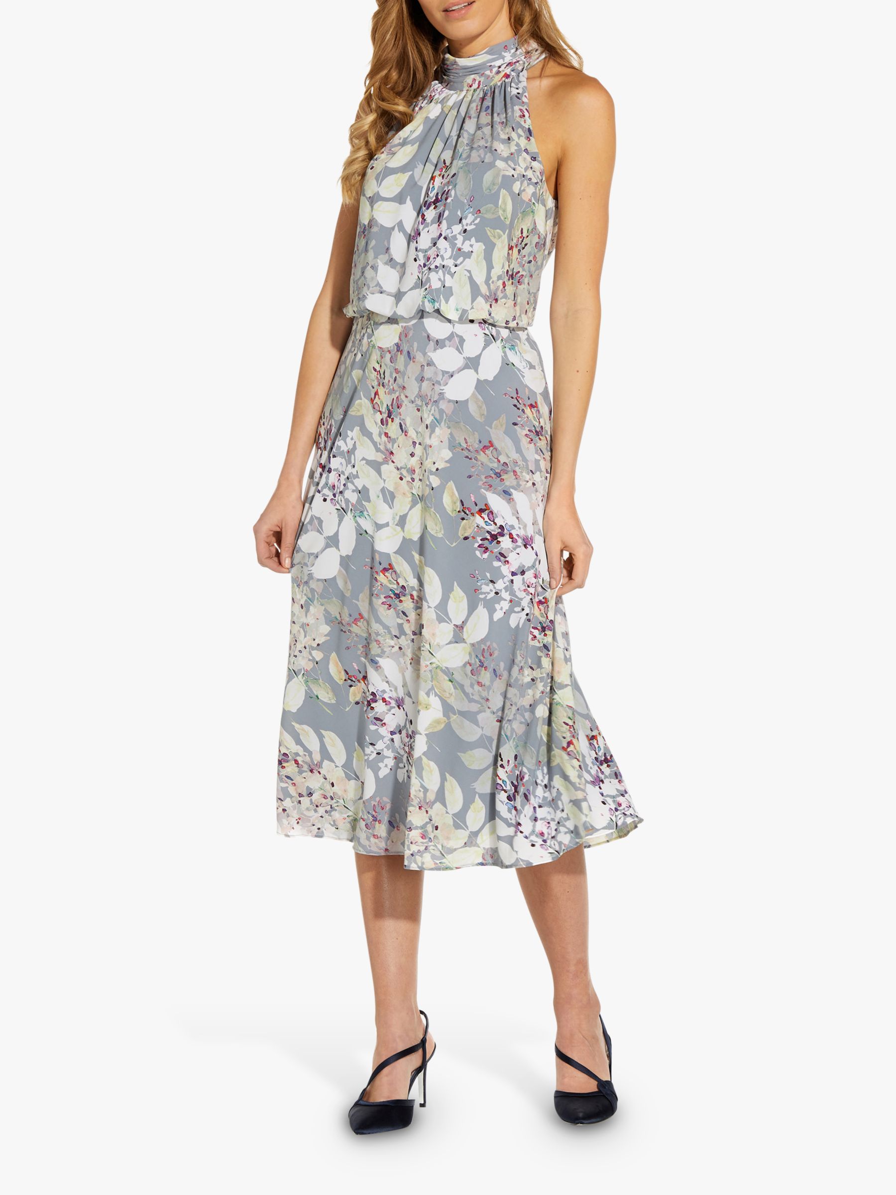 Adrianna Papell Watercolour Halterneck Dress, Dusty Blue