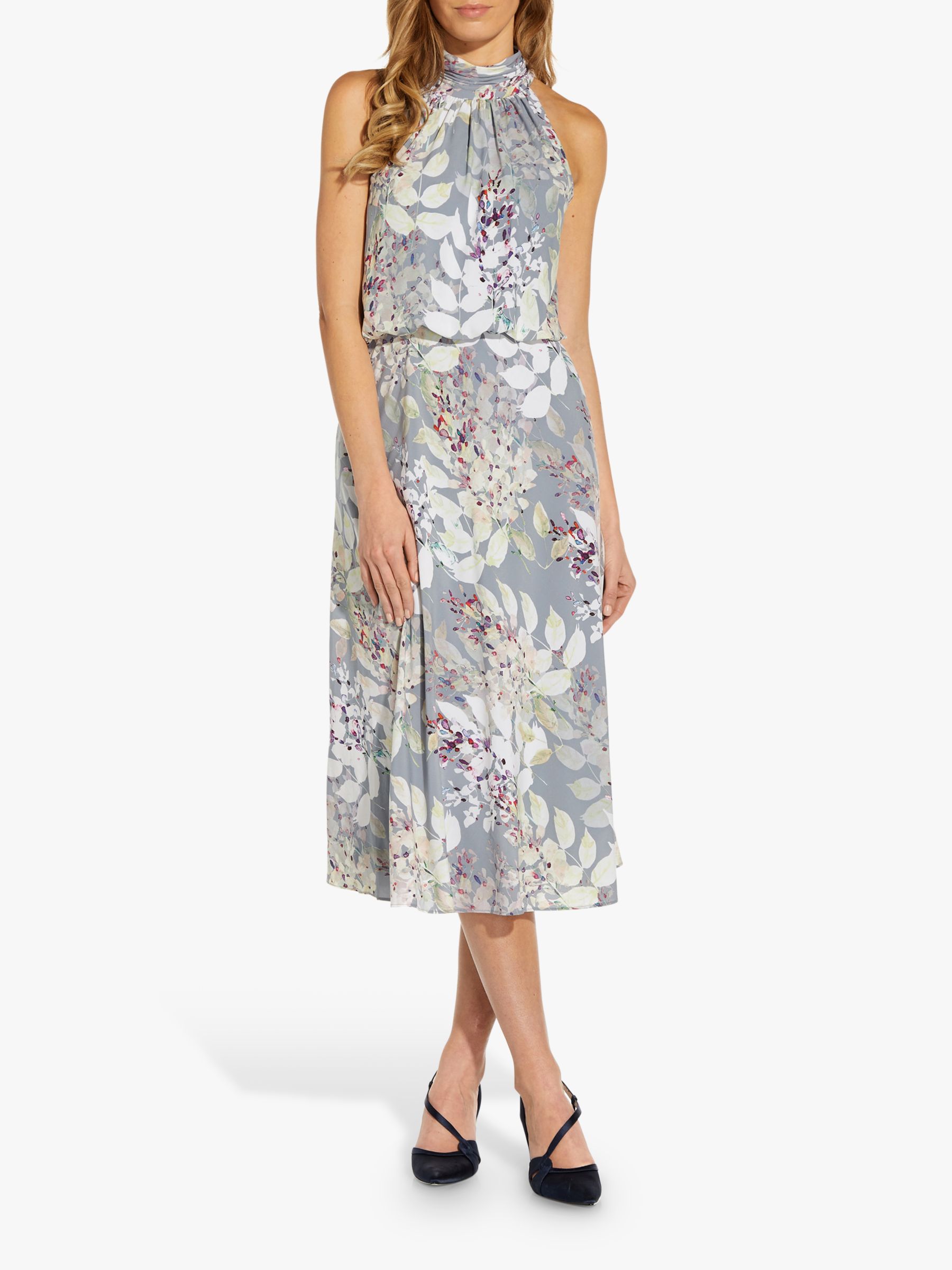 Adrianna Papell Watercolour Halterneck Dress, Dusty Blue