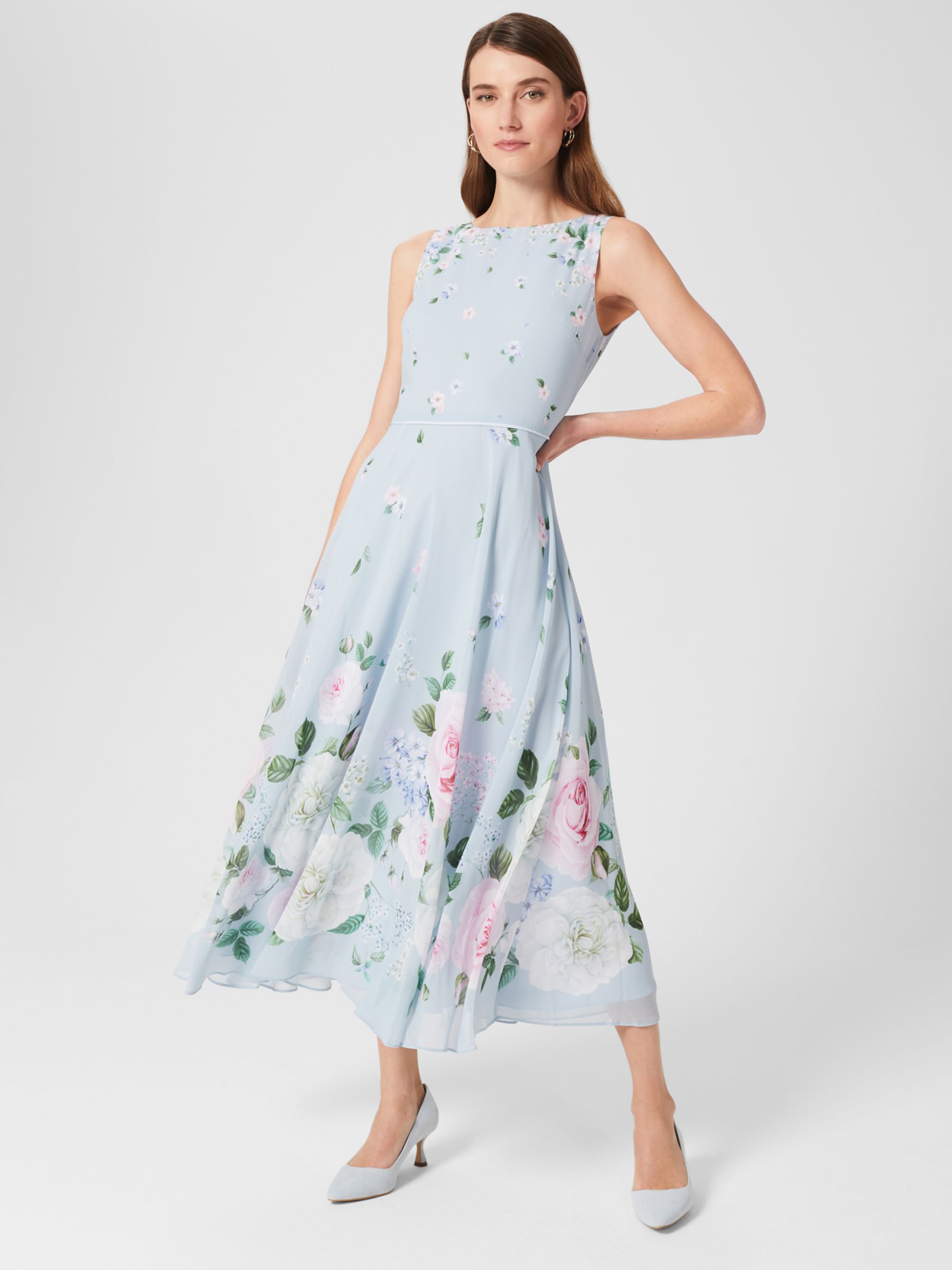 Hobbs Carly Floral Midi Dress, Blue/Multi at John Lewis & Partners