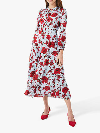 Hobbs Polly Floral Midi Dress, Blue/Red