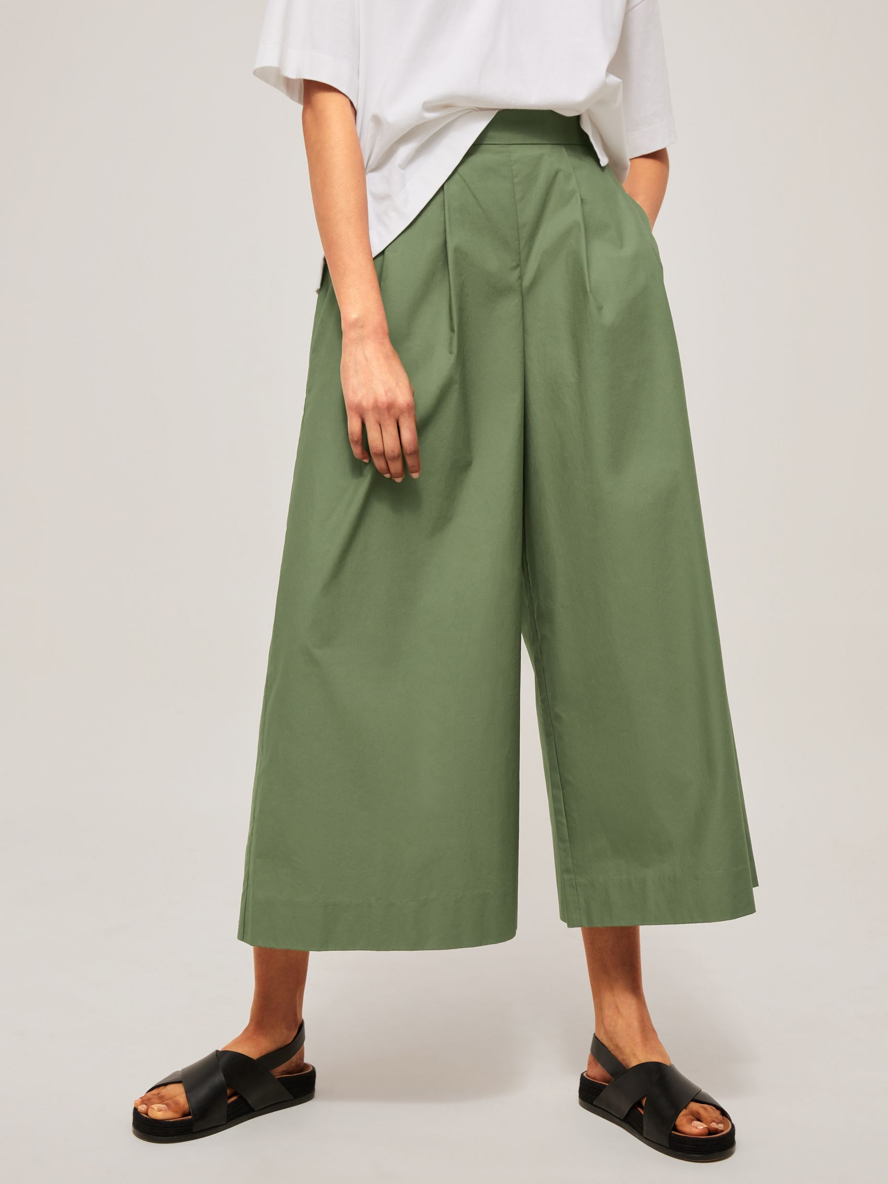 Kin Poplin Wide Leg Trousers, Khaki at John Lewis & Partners