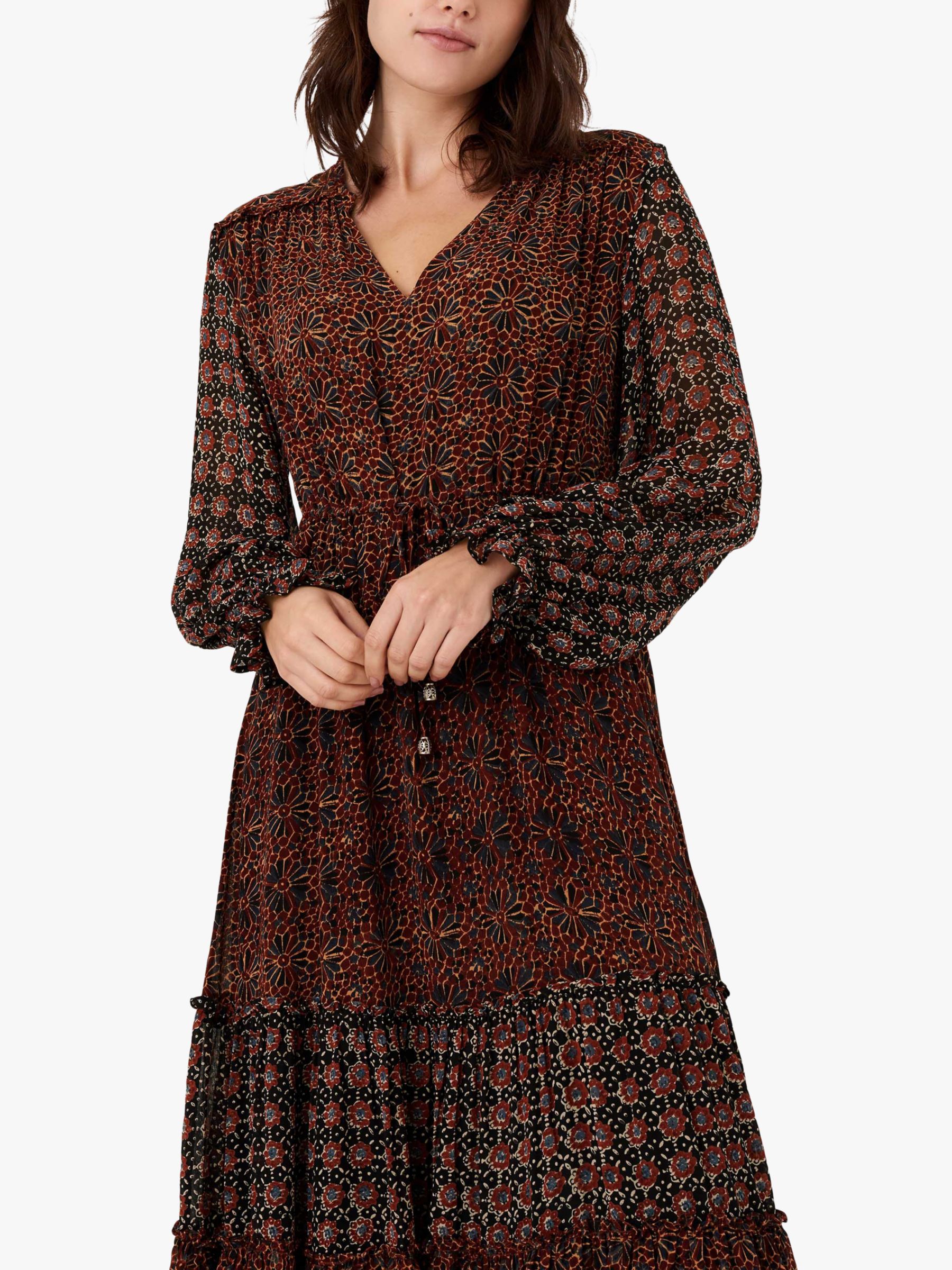 Brora Patchwork Silk Tiered Dress, Copper/Indigo at John Lewis & Partners