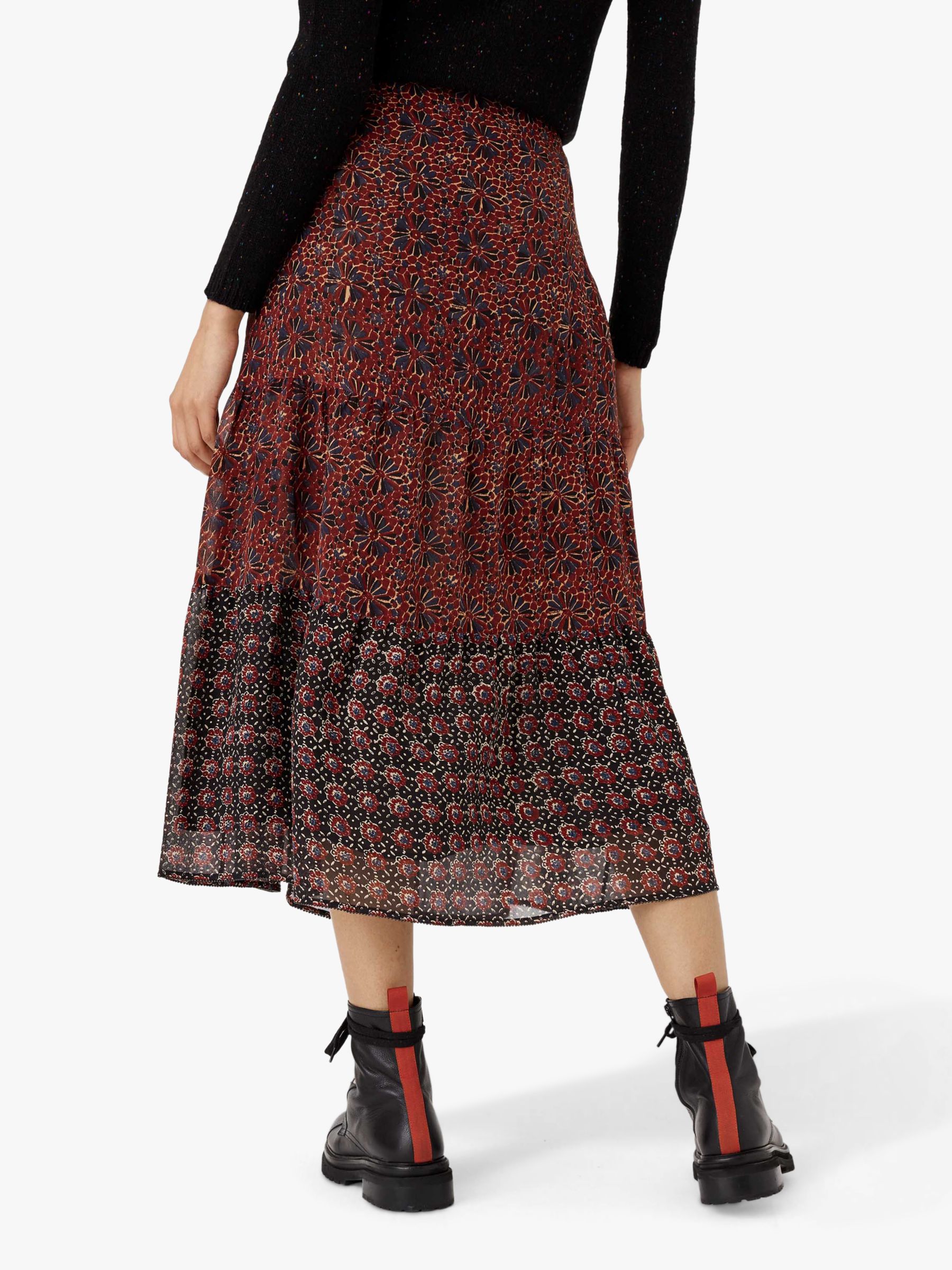 Brora Patchwork Silk Tiered Skirt, Copper/Indigo at John Lewis & Partners