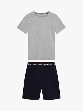 Tommy Hilfiger Kids' Crew Neck T-Shirt Pyjama Set, Medium Grey Heather/Desert Sky