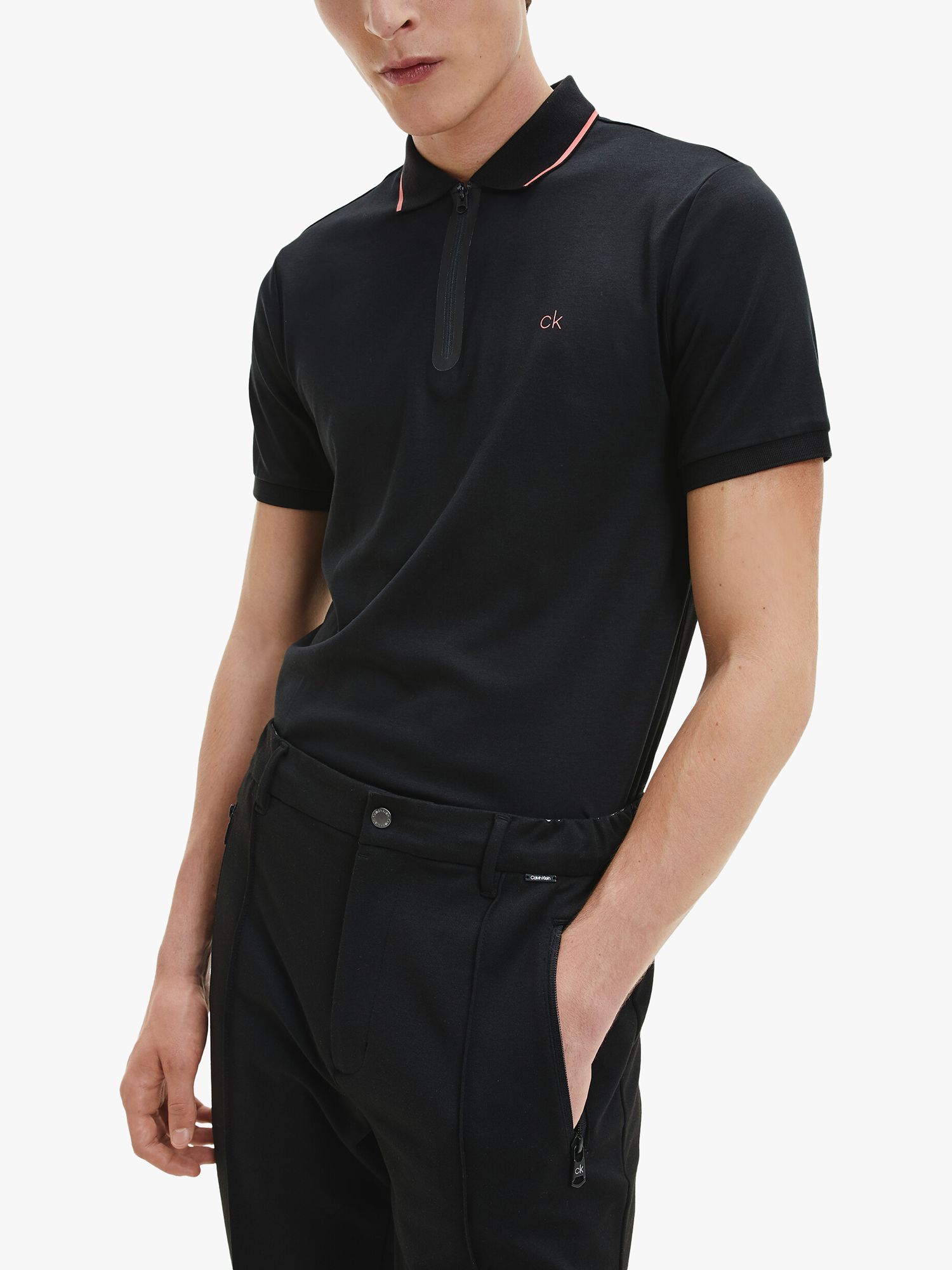 Calvin Klein Liquid Touch Zip Neck Polo Shirt, CK Black at John Lewis ...