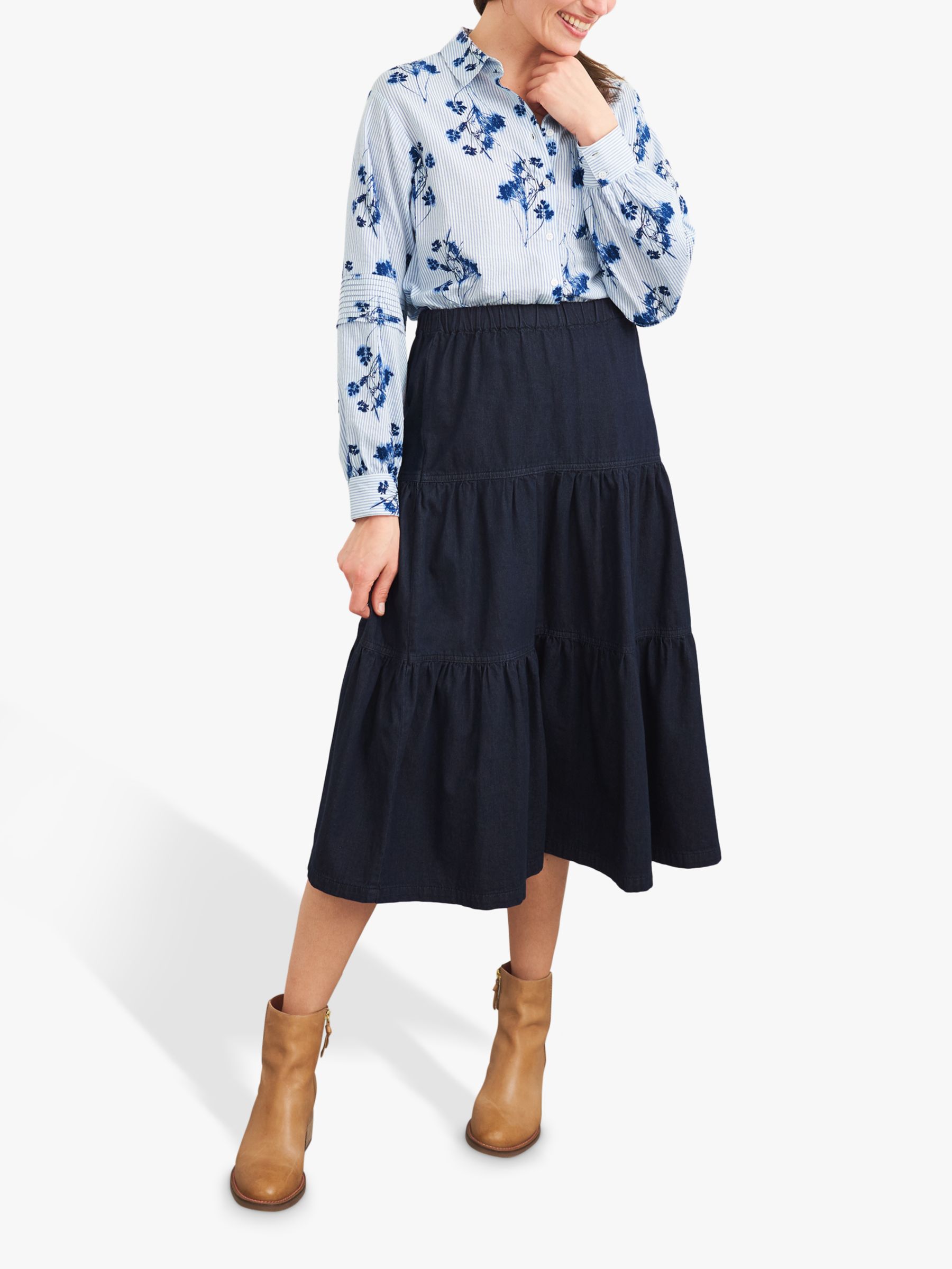 White Stuff Mia Denim Tiered Midi Skirt, Blue at John Lewis & Partners