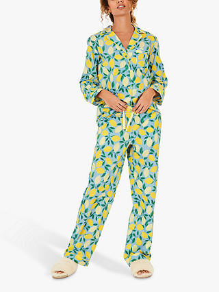 HUSH Isla Printed Cotton Pyjama Set, Lemon/Soft Blue