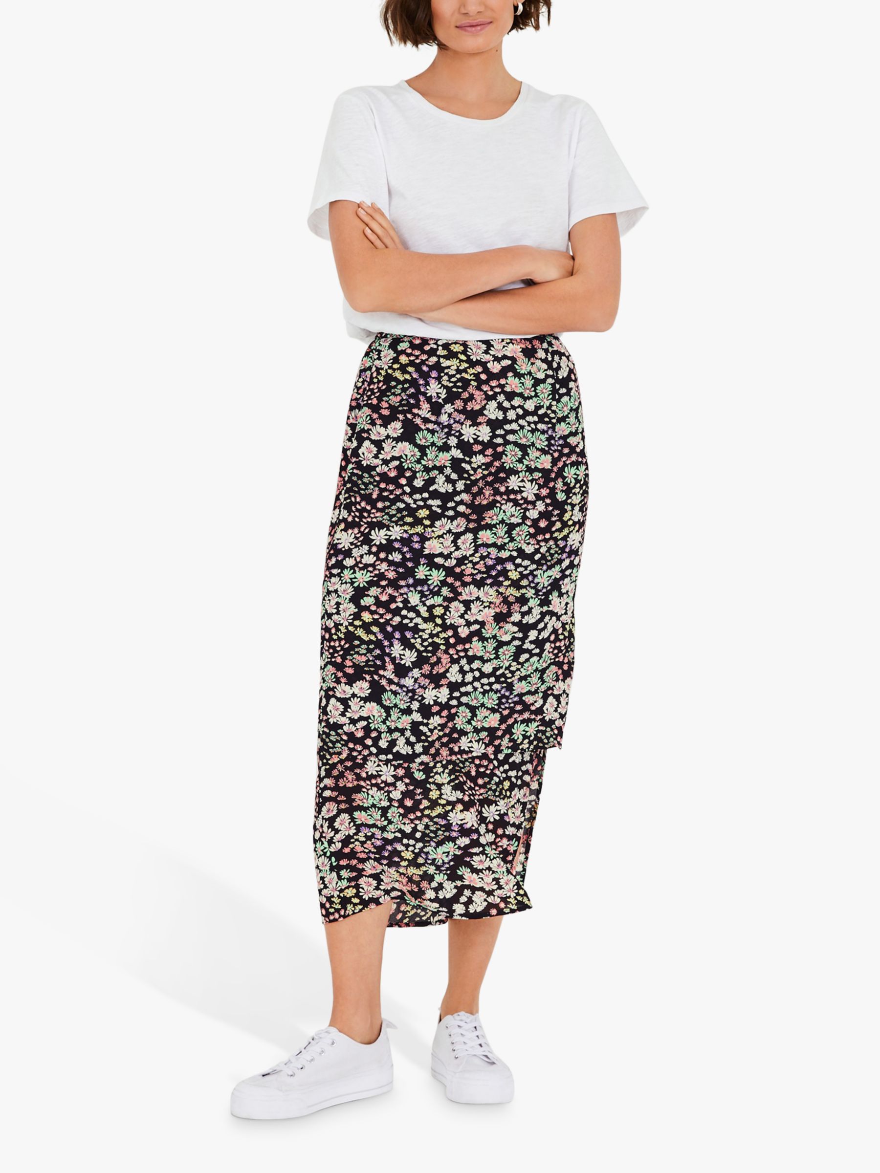 hush Brooks Ditsy Floral Print Midi Skirt, Black/Multi, 6
