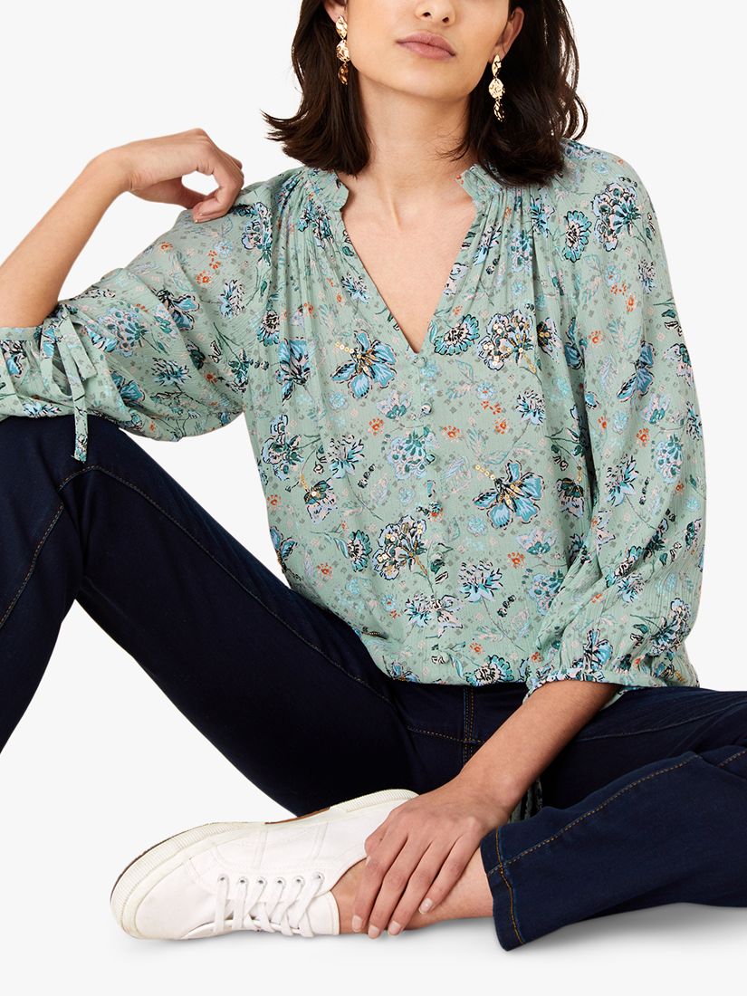 Monsoon Floral Embroidered Blouse, Green
