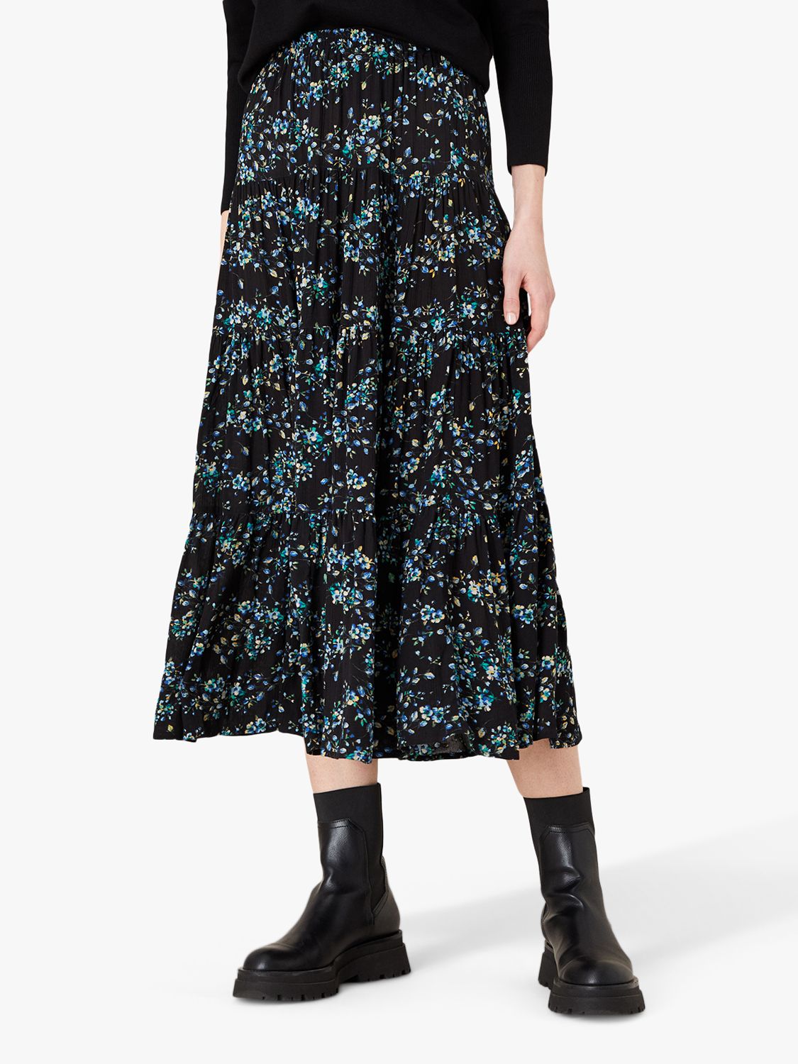 Monsoon Floral Print Midi Skirt, Black/Multi at John Lewis & Partners