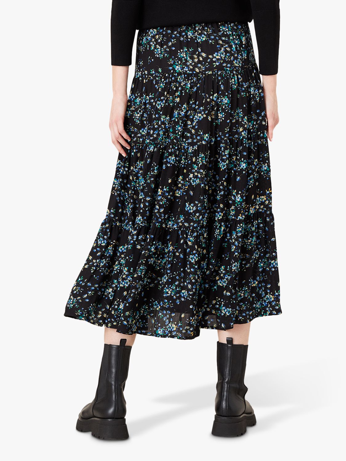 Monsoon Floral Print Midi Skirt, Black/Multi at John Lewis & Partners