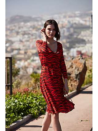 Sosandar Tiger Print Slinky Fit And Flare Dress, Red/Multi