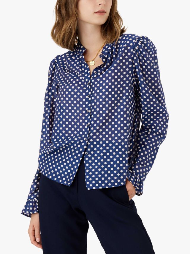 Brora Polka Silk Cotton Blouse, Navy/Multi, 6