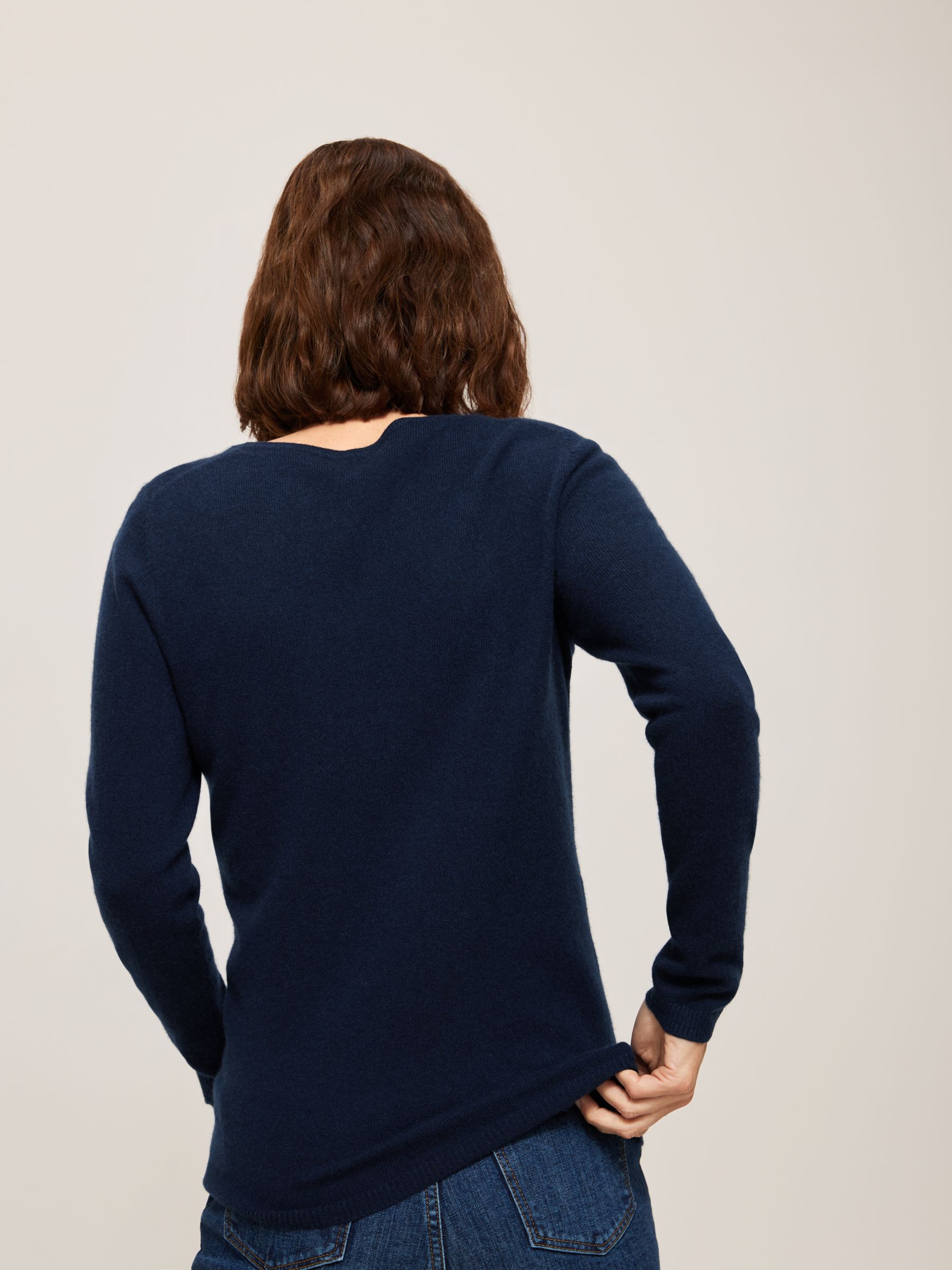 John Lewis & Partners Cashmere Rib Trim V-Neck Jumper, Navy at John ...