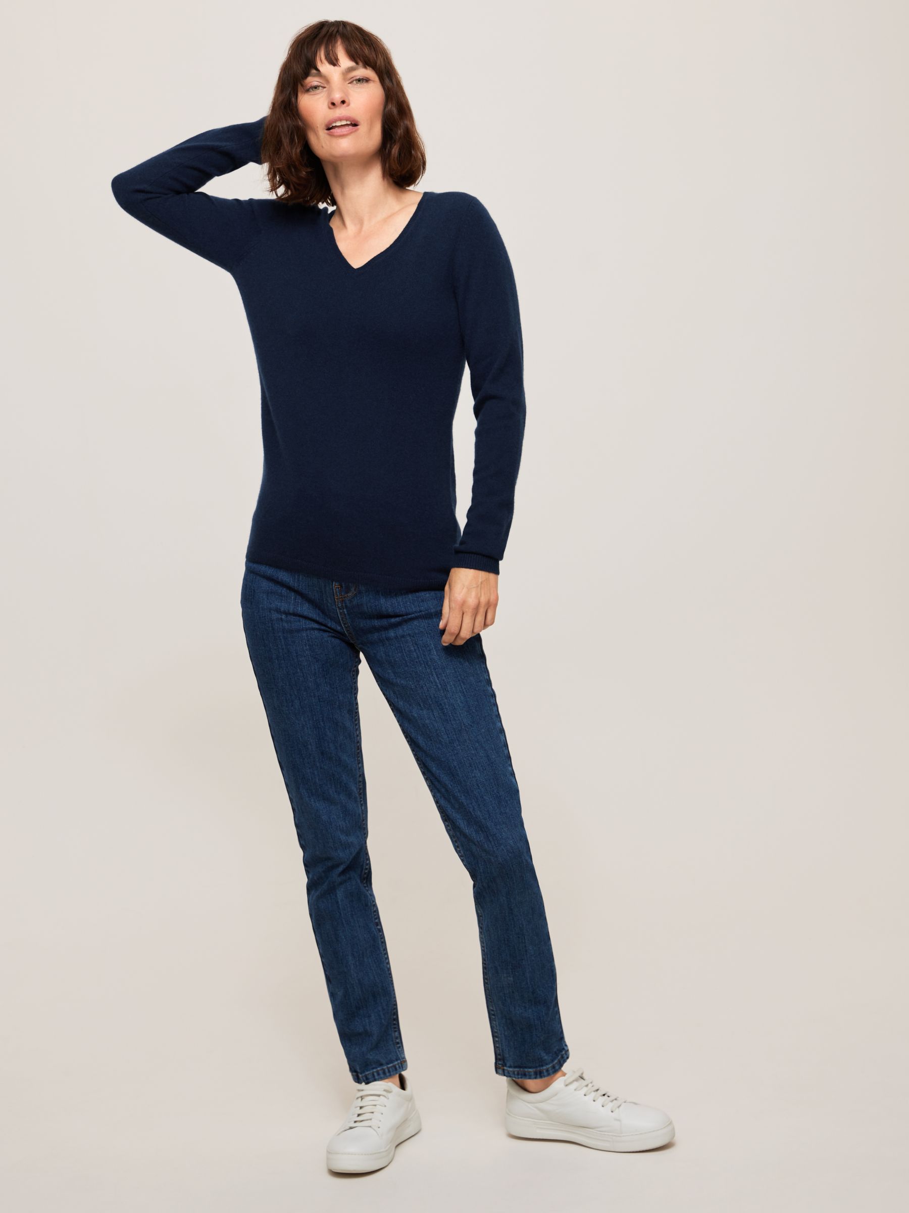 John Lewis Cashmere Rib Trim V-Neck Jumper, Navy at John Lewis & Partners