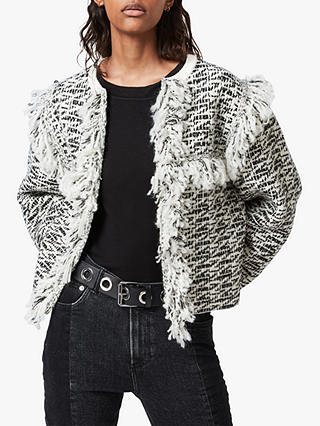 AllSaints Tassel Textured Tweed Jacket, Black/Chalk White