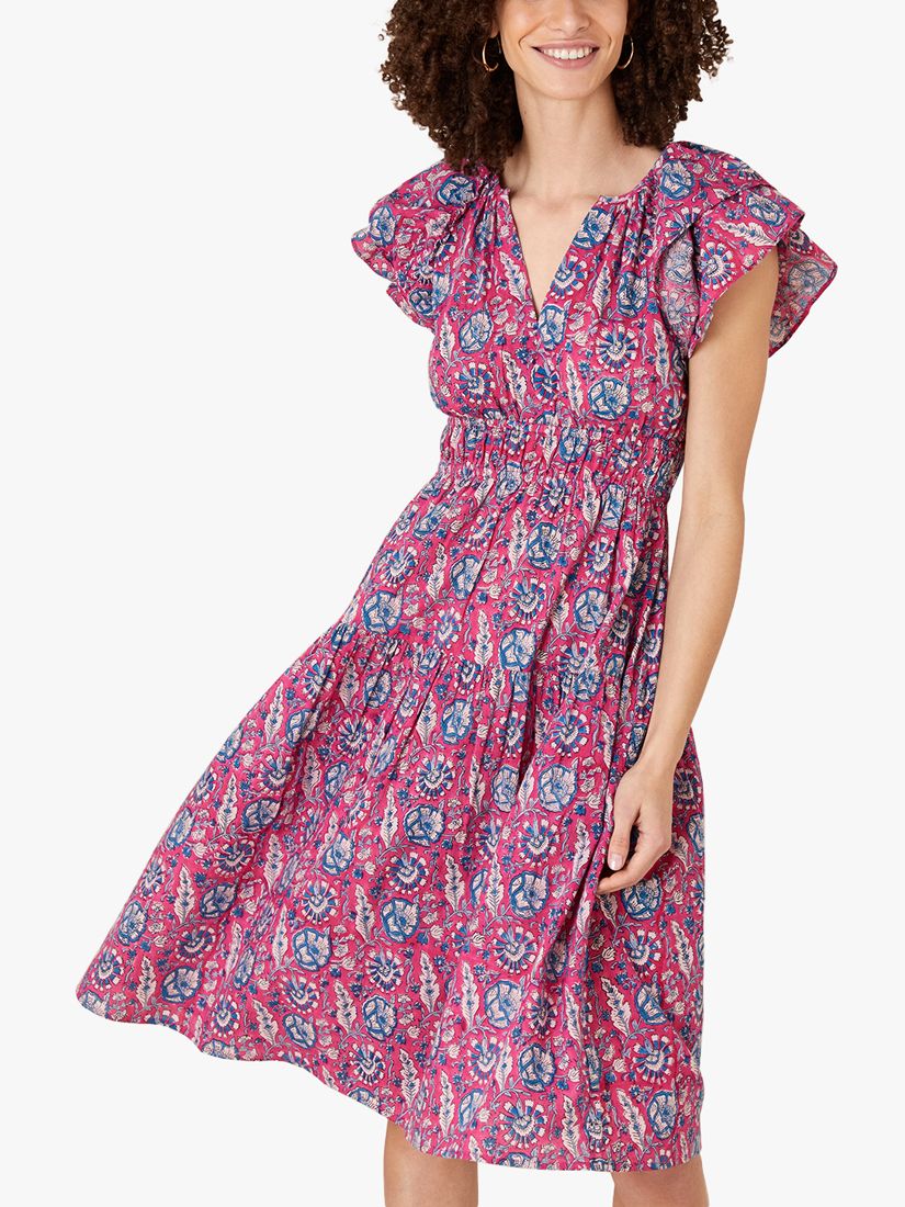 Monsoon Floral Print Tiered Dress, Pink/Multi