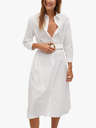 Mango Cotton Belted Shirt Midi Dress, White