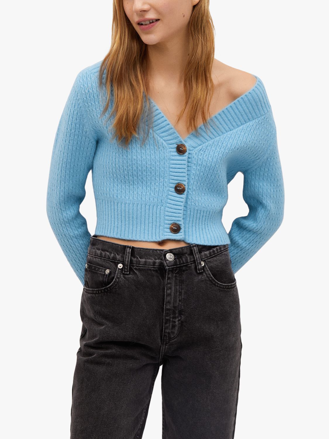 Mango Button Crop Cardigan, Medium Blue at John Lewis & Partners