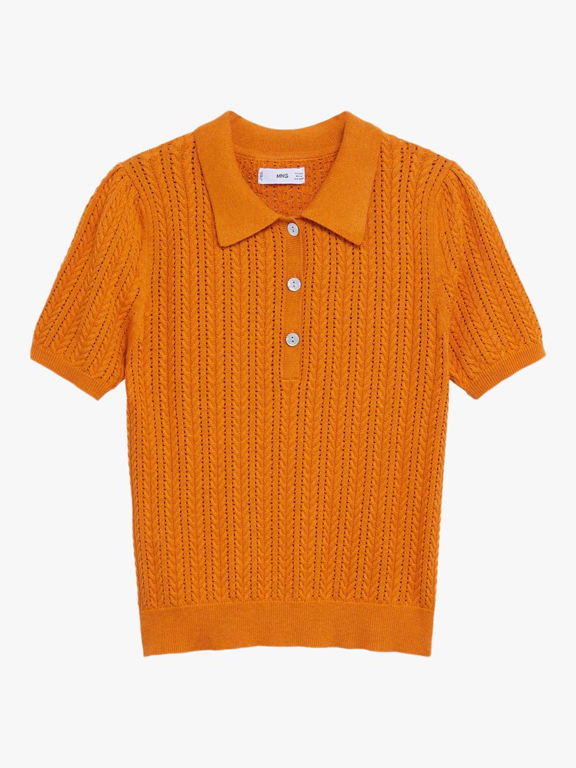 Mango Openwork Knit Cotton Blend Polo Top, Orange at John Lewis & Partners