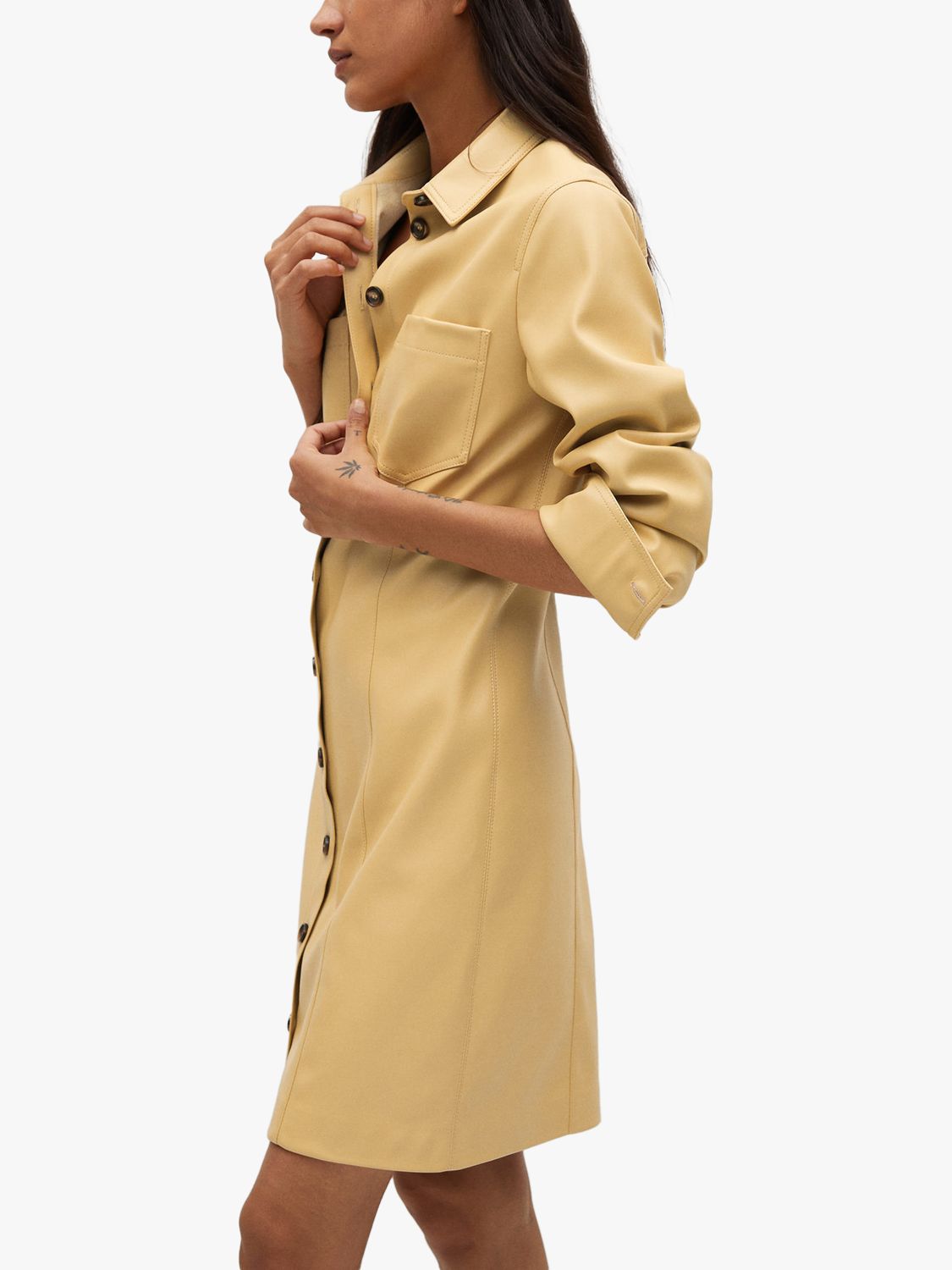 Mango Faux Leather Button Up Mini Shirt Dress, Yellow