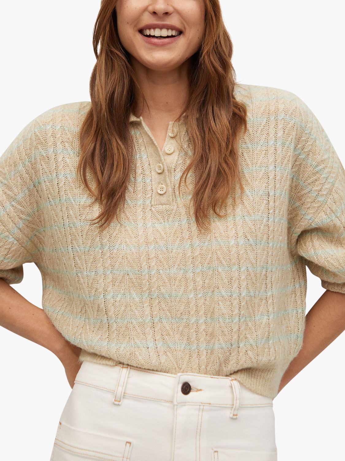 Mango Contrasting Knit Top, Light Beige at John Lewis & Partners